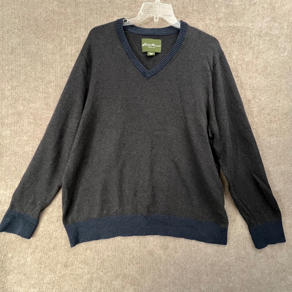 Eddie Bauer Mens XXL V-Neck Sweater Gray Blue‎ Cotton Cashmere Blend Knit